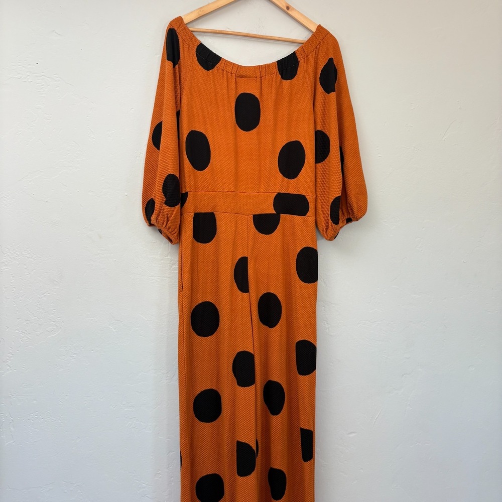 Farm Rio Anthropologie Polka Dot Wide Leg Jumpsuit Medium Orange Black New FLAW - Picture 9 of 16